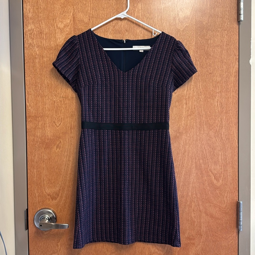 Ann Taylor LOFT Size 0 Knit Grid Pattern Black Purple Pink Dress Office Workwear
